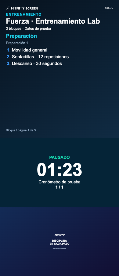 Captura real de la vista vertical Advanced: entrenamiento y cronómetro pausado