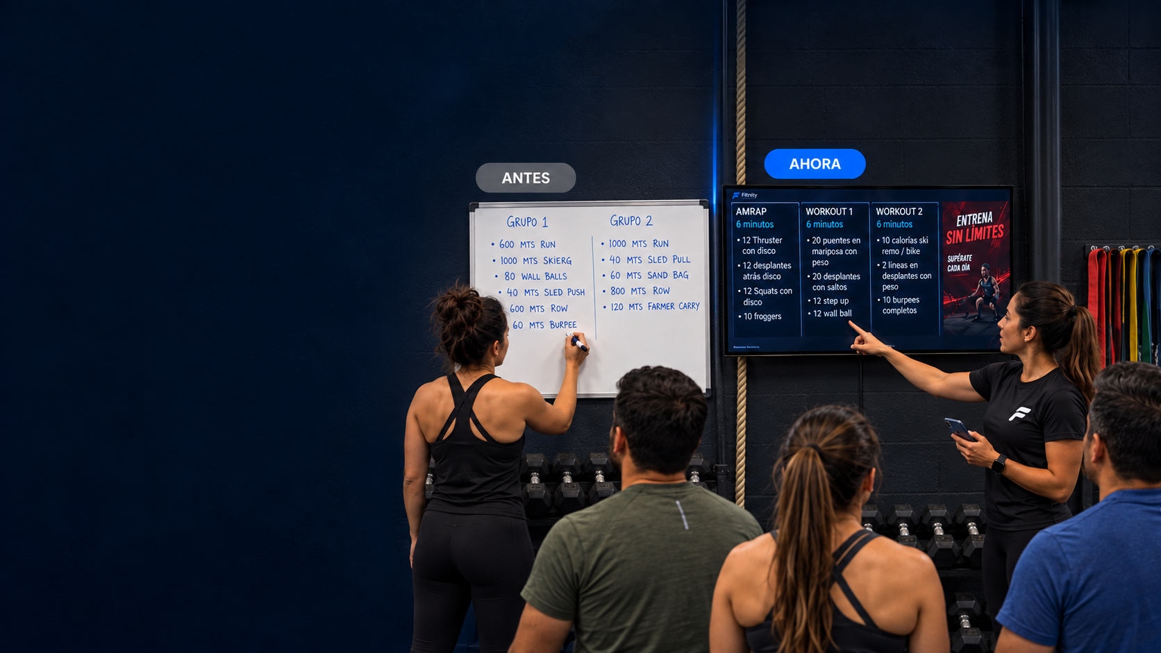 Ilustración de Fitnity Screen: del pizarrón a una pantalla con entrenamientos y anuncios